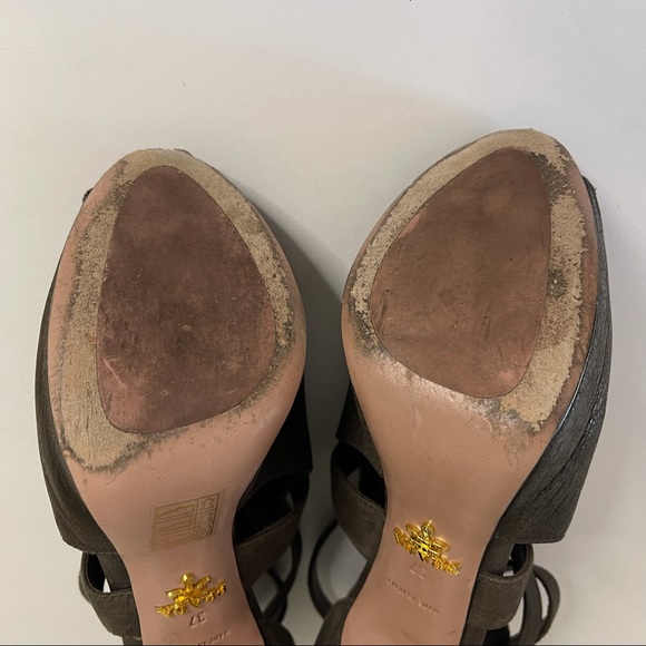 Prada Brown Suede Leather Cutout Peep-toe Stiletto Heels Platform Sz 37 Italy - Picture 6 of 14